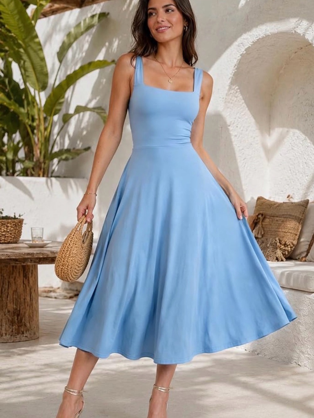 Blue Women's Square-Neck A-Line Dress